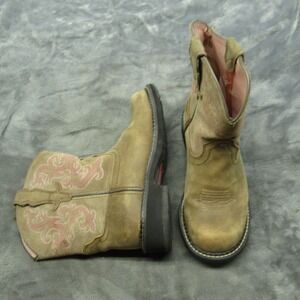 Ariat Girls Boots 6 B Pink Embroidered Tan Leather Square Toe Fatbaby II‎ Cowboy